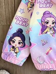 Baby Girl Cartoon Print Warm Hooded Jacket - Purple - View 7