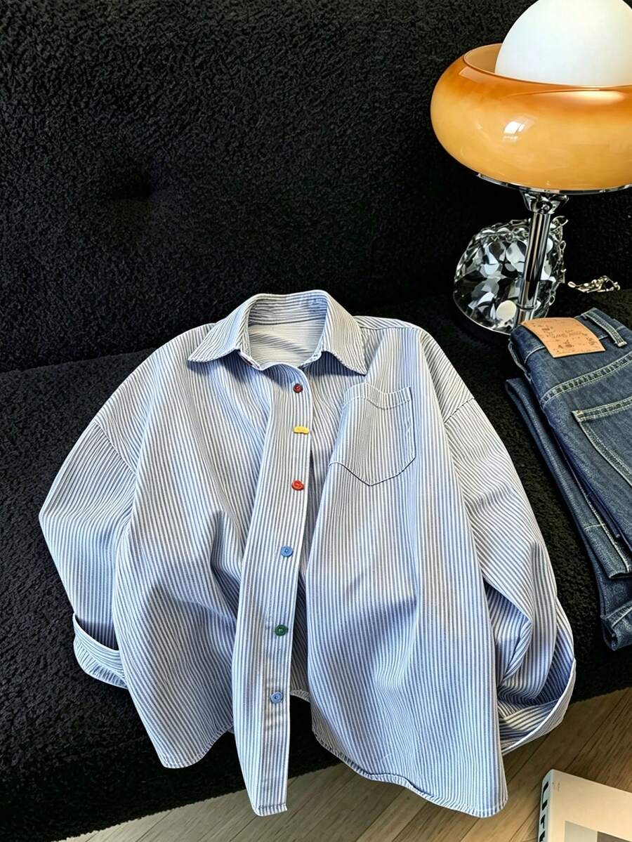 Women's Casual Striped Drop Shoulder Loose Fit Shirt, Women's Summer Sun Protection Shirt - Blue and White - View 1