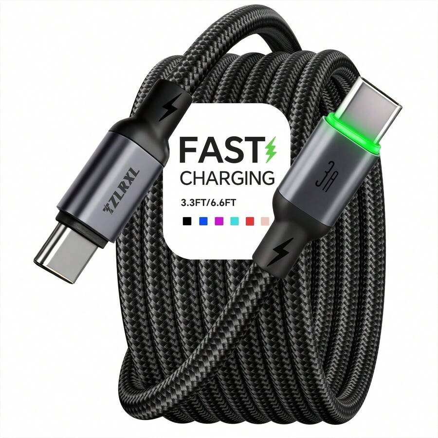 TZLRXL USB C To USB C Fast Charging Cable Nylon Braided With LED Light Durable Data Sync Cable For Smartphones And Tablets - Blue - View 1