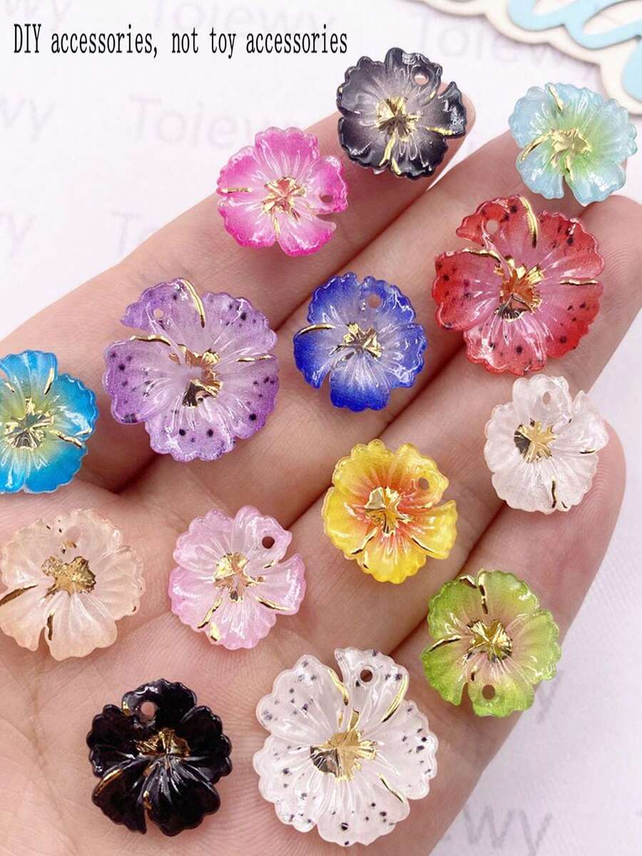 16件組 14/18mm 樹脂彩色花朵單孔吊墜飾品 平底水鑽藝術貼花 DIY 婚禮珠寶剪貼簿手工配件 - 隨機混合 - 查看 1