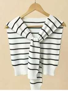 1pc Women's Fashion Striped Knit Cardigan With Color Block Shawl, Office Mesh Celebrity Style Air-Conditioned Room Neck Warmer Scarf Vest - Multicolor - View 3