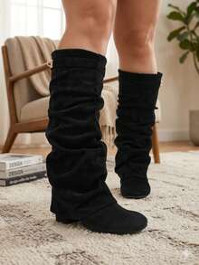 Women's Wide Shaft Foldable Chunky Heel Black High Heel Square Toe Boots - Black Square Strap - View 2
