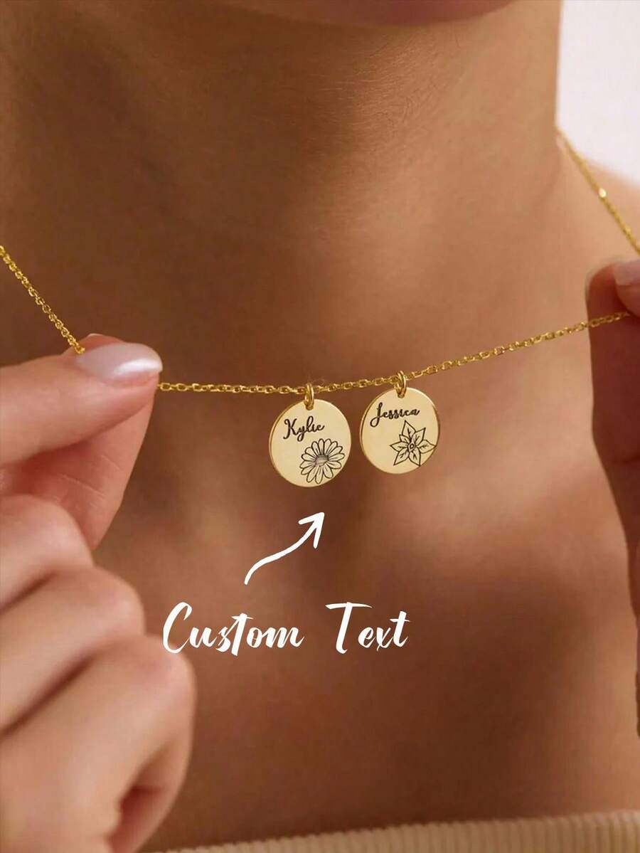Personalized Birth Flower Disc Necklace, Tiny Name Necklace, Custom Initial Month Jewelry, Minimalist Necklace, Christmas Gift, Gift For Mom - Multicolor - View 1