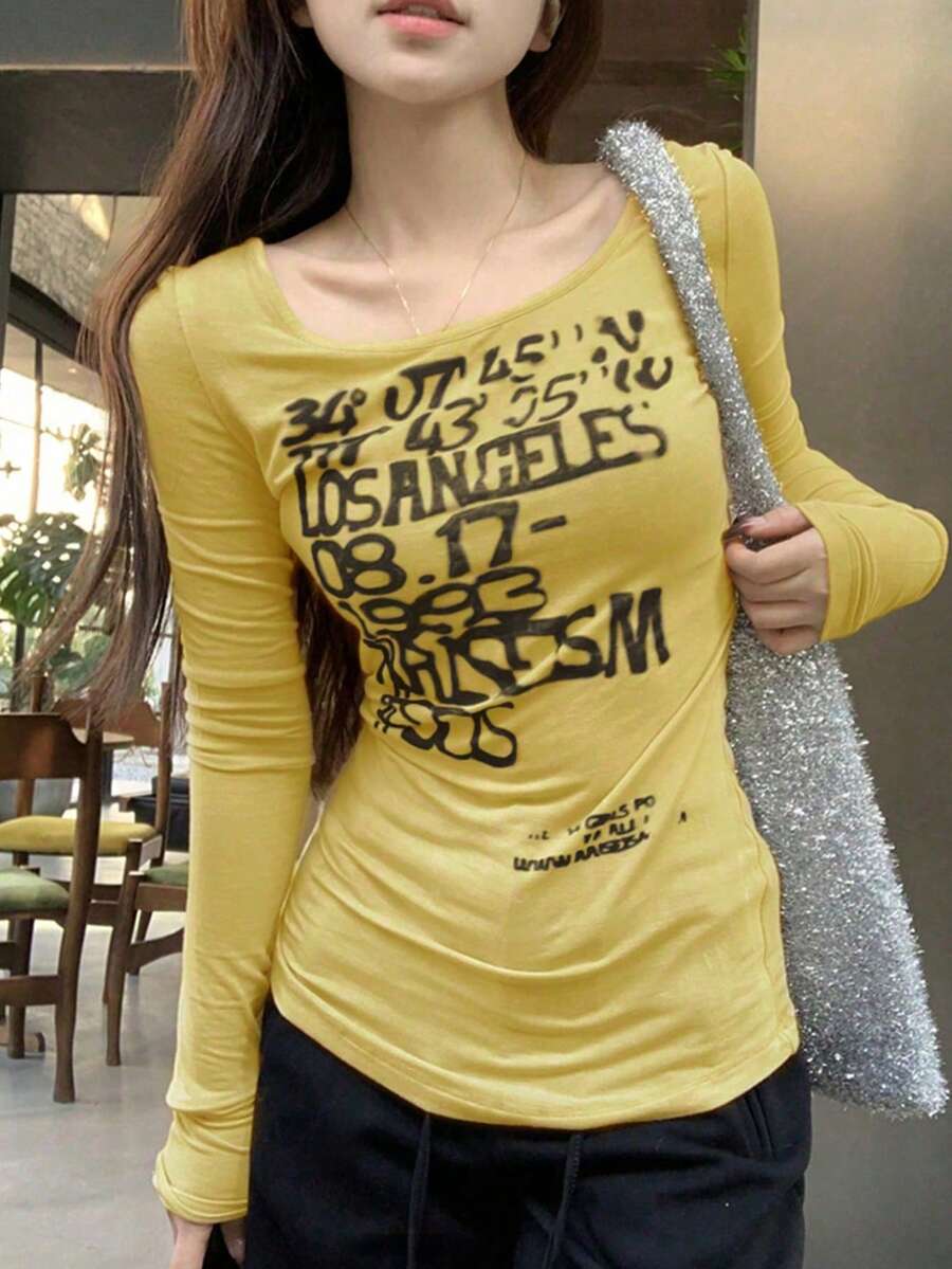 女款美式復古印花長袖修身T恤,內層打底上衣休閒款 - 黃色 - 查看 1