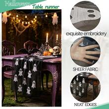1 pieza Camino de mesa decorativo con patrón de fantasma de Halloween, crea una atmósfera festiva, adecuado para comedor, patio y otros caminos de mesa decorativos - Negro - Ver 3