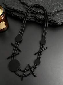 MARLIWOO 1pc Vintage Exaggerated Niche Double Layer Handmade Jewelry Fashion Gothic Style Asymmetric Design Versatile Necklace - Black - View 2