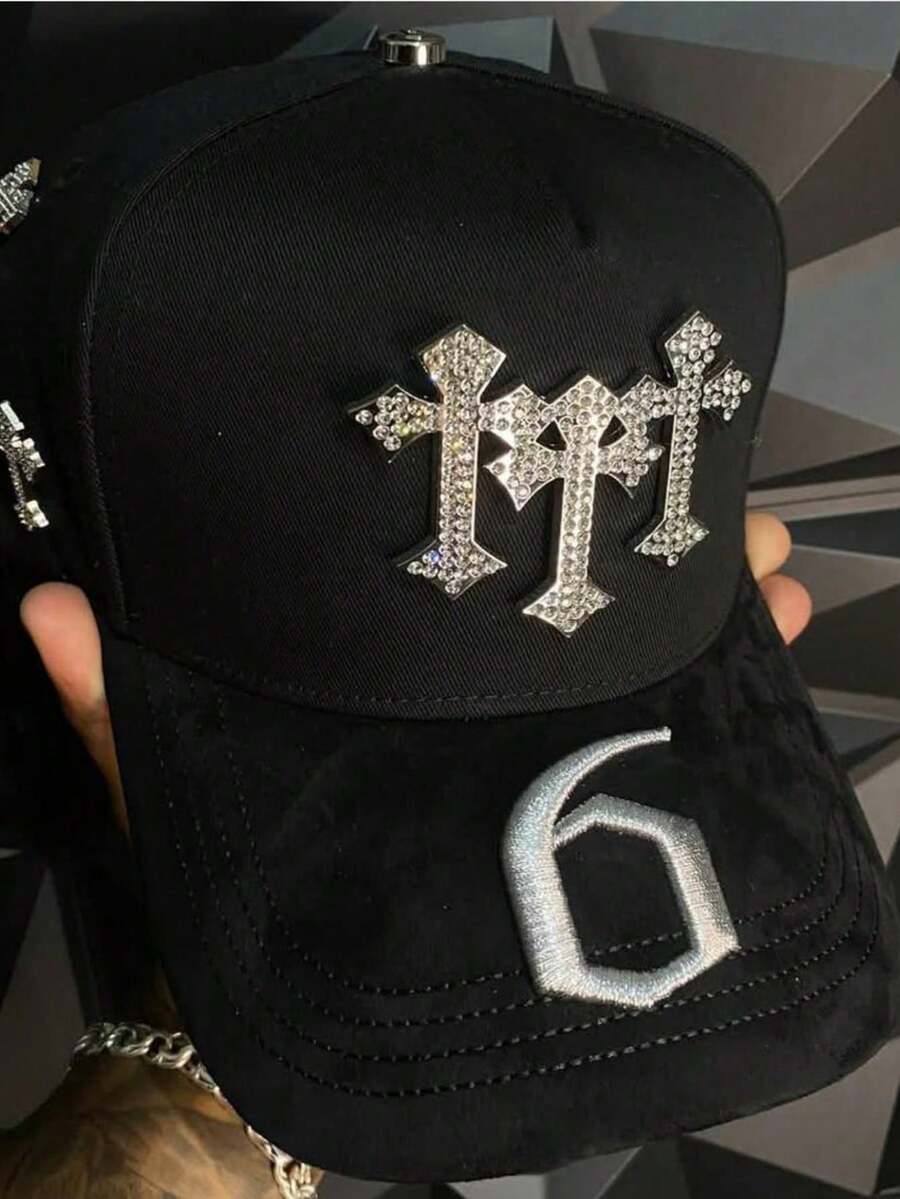 Gorra Negra con Detalle de Cruz Decorativa y Aplicaciones de Strass, Estilo Streetwear Americano, Gorra de Béisbol Tipo Dad Hat Unisex Ajustable - negro - Ver 1
