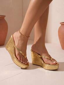 Women's Elegant Gold Round Toe Casual Versatile Party Banquet Slip-On Thong Sandals With Rope Wedge Thick Sole Outdoor Beach High Heel Shoes - Gold - View 5
