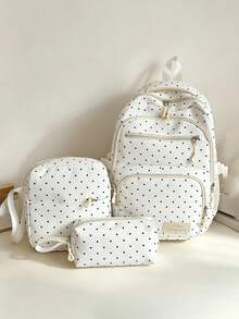 3pcs White Nylon Polka Dot Letter Patch Multi-Pocket School Backpack Set, Large Capacity College Student Bag, Crossbody Bag, Pencil Case, Travel Bag - White - View 3