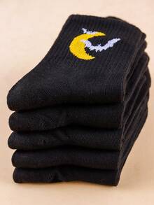 5 pares de calcetines de media caña para mujer de Halloween, con patrón de luna y murciélago, lavables a máquina - negro, adecuados para fiestas de Halloween y uso diario, calzado festivo, diseño de calcetines peculiar, material de calcetines cómodo - Multicolor - Ver 3