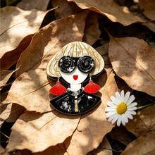 Fashion Lady Acrylic Brooch Blonde Bob Sunglasses Red Tassel Earring Doll Figure Lapel Pin Women Coat Daily Party Fun Unique Statement Jewelry Gift - Multicolor - View 3