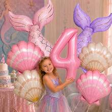 8pcs Mermaid Foil Balloon Set, Large Mermaid Tail Shell And Pink Number Balloons, Birthday Party, Baby Shower Decoration - View 1