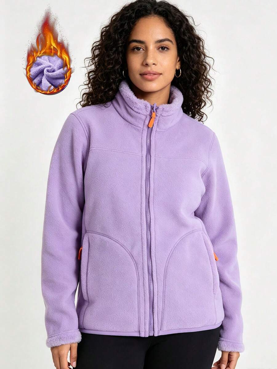 2-In-1 Reversible Sherpa Jacket Women, Stand Collar Zipper Cardigan, Solid Color Fleece Jacket For Autumn/Winter - Violet Purple - View 1