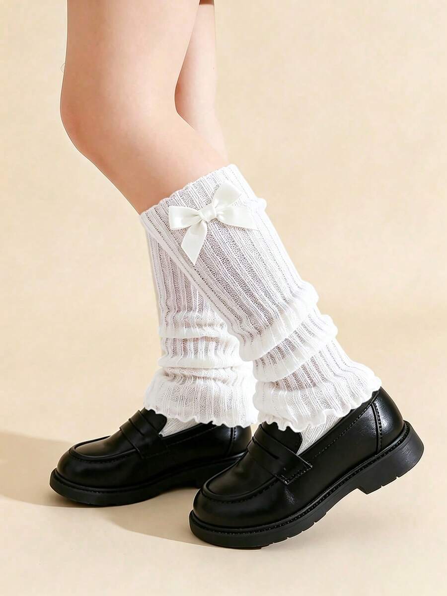 1 Pair Girls Solid Color Frill Trim Knitted Leg Warmers, Bow Decor ...