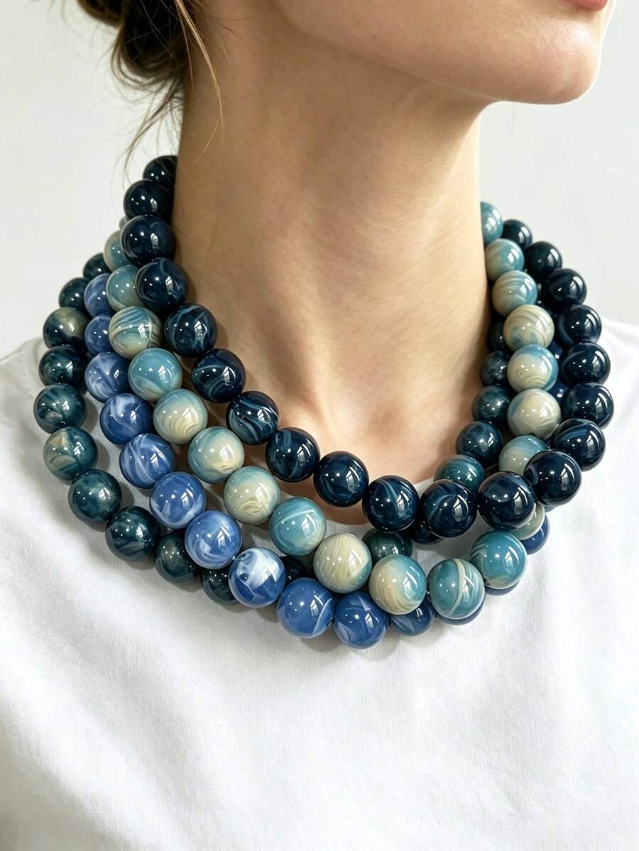 1pc Bohemian Round Bead Faux Agate Exaggerated Minimalist Women's Beaded Necklace Party Gathering Colorful Neck Chain - Mixed Colors Random - necklace - View 1