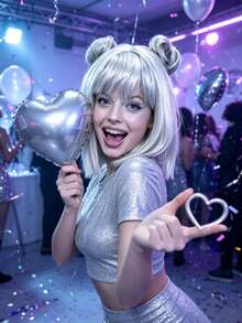 Neon Green Purple Silver Space Bun Wig, Smooth Straight Hair With Bangs, Breathable Adjustable Cap, Suitable For Colorful Party, Nightclub Photo Shoot, Cute Women's Styling Set - Multicolor - View 5