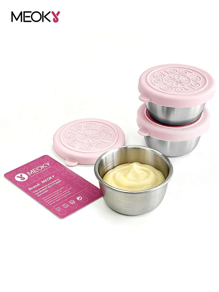 Meoky 6Pcs 1.6oz Stainless Steel Condiment Cups, Leakproof Silicone Lid Reusable Small Sauce Container, Portable Salad Dressing Cup for Lunch Bento Box Picnic Travel Kitchen Storage