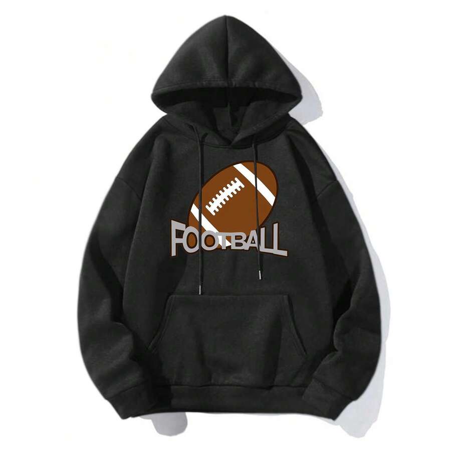 American Football Print Hoodie, Warm Hooded Jacket, New Loose-Fit Printed Style - 黑色2 - 查看 1