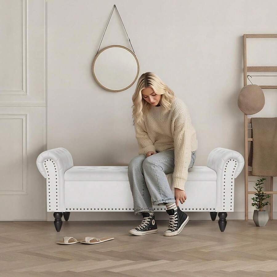 Storage Bench 133cm, Velvet Fabric Storage Box, Indoor Footstool, Bed Bench, Storage Chest With Armrests For Living Room, Bedroom, Hallway - White - View 1