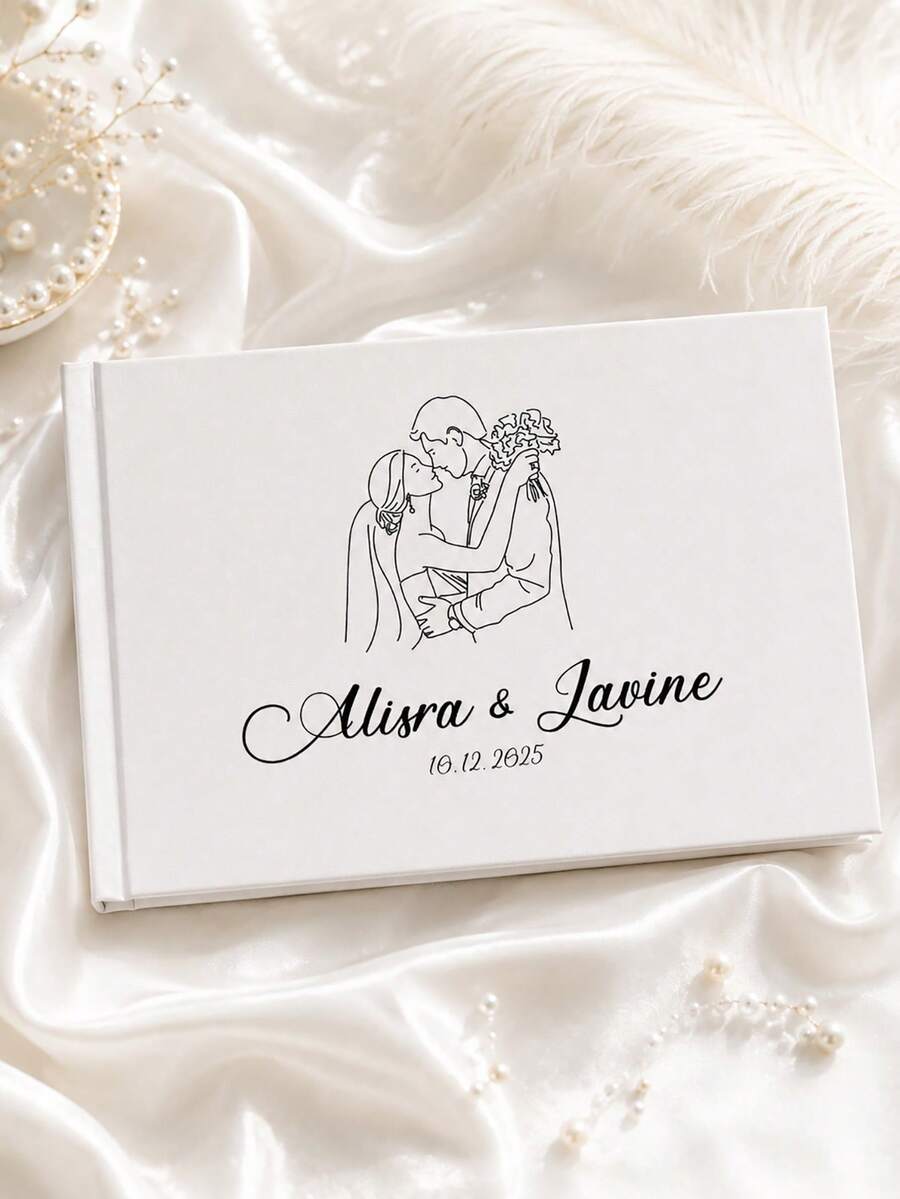 1pc Custom Line Art Couple Wedding Guest Book - Personalized Bride Groom Portrait Sign In Book With Names & Date, Minimalist Single Line Drawing Design, Romantic Unique Wedding Reception Keepsake Gift