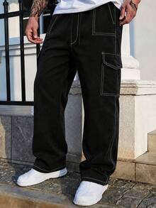 Men's Fashion Contrast Stitching Black Casual Cargo Pants - Drawstring Elastic Waist Loose Practical Long Pants, Summer, Y2K Street Style Sports - Black - View 6