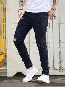 Men's Stylish Black Skinny Jeans Extreme Ripped Frayed & Ruched Ankle For Street Outfits Streetwear Casual Wear With Stretch Breathable Jeans - 黑色 - 查看 4