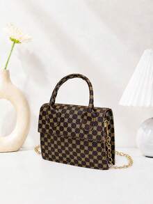 Mirror Glossy Patent Leather Fashion Chain Handbag - Brown - View 3