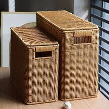 Nordic Style Artificial Rattan Narrow Tall Storage Basket, Handwoven Rectangular Multi-Function Storage Basket With Lid, Suitable For Magazines, Books, Documents, Can Be Used As Bookshelf Basket, Wall/Sofa/Side Gap Corner Storage Box, For Living Room - Multicolor - View 1