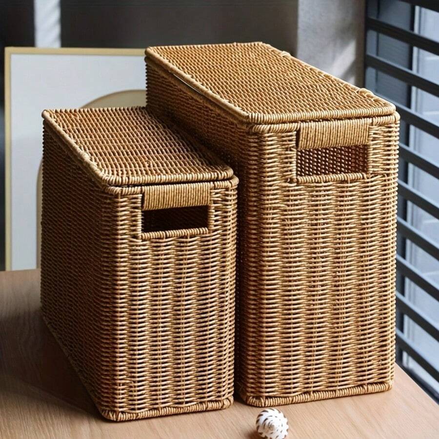 Nordic Style Artificial Rattan Narrow Tall Storage Basket, Handwoven Rectangular Multi-Function Storage Basket With Lid, Suitable For Magazines, Books, Documents, Can Be Used As Bookshelf Basket, Wall/Sofa/Side Gap Corner Storage Box, For Living Room - Multicolor - View 1