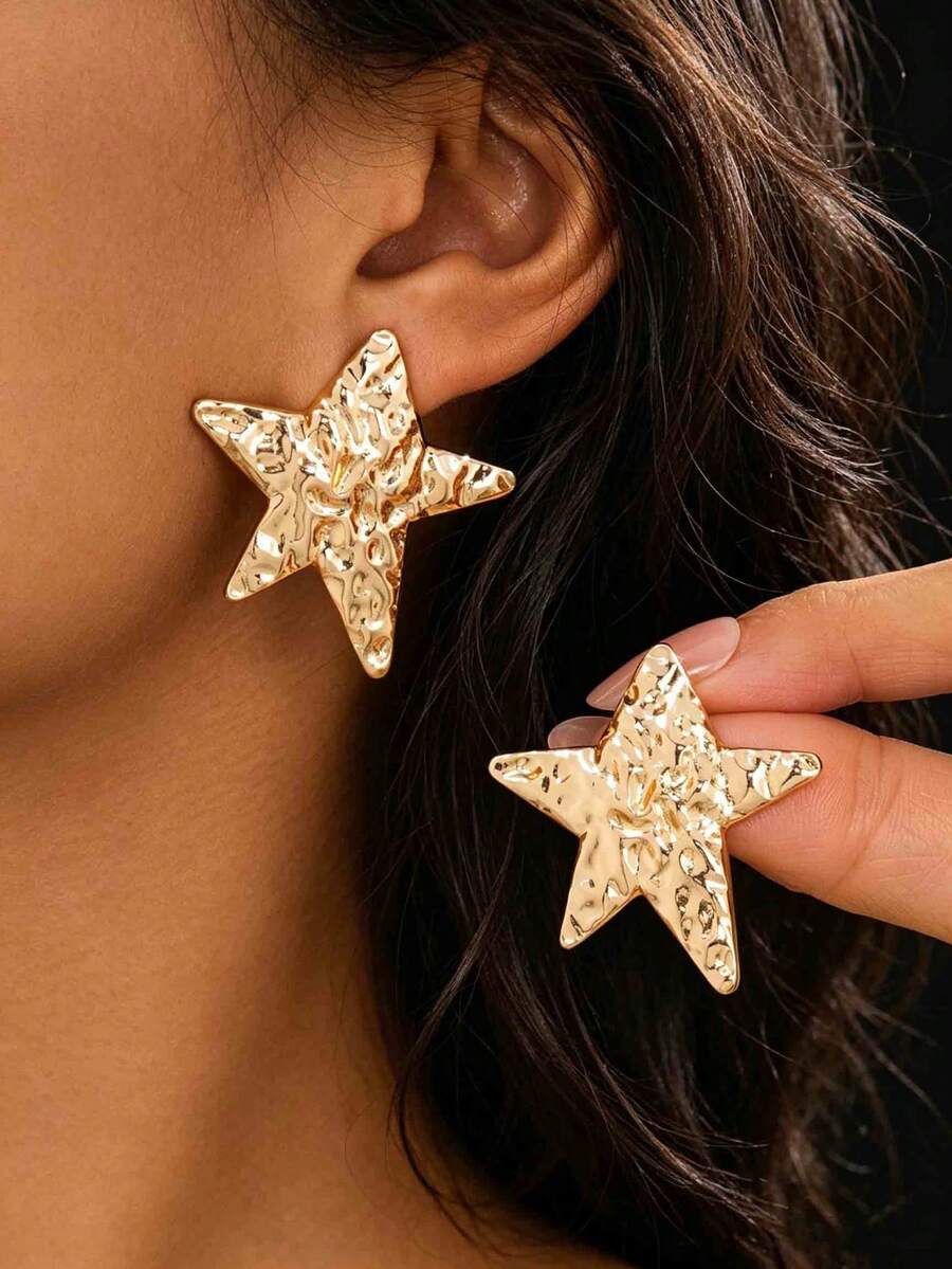 1 Pair Fashionable Cute Star Earrings, Suitable For Daily And Holiday Wear - Yellow Gold - View 1