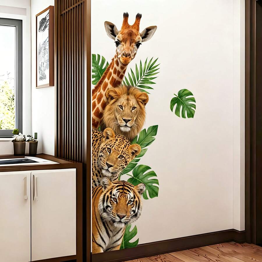 1/3/5pcs Vertical Jungle Animal Wall Decals, Giraffe Lion Tiger Leopard Tropical Monstera Leaf Print, Self-Adhesive Removable Vinyl Wall Mural For Living Room Bedroom Kids Room Decor - Animal Stickers - View 1