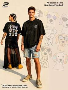 230g Washed Double-Sided Printed Short Sleeve-Shirt, Round Neck Relaxed Fit Casual Tee, Soft Lightweight Versatile Basic Top Daily Wear. - Black - View 5
