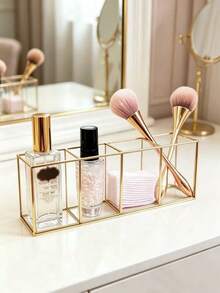 Makeup Brush Holder 3/4 Compartment Glass And Brass Cosmetic Storage 19.5*7*9cm Vintage Makeup Storage Box - Clear - View 7