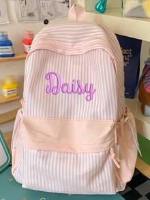 (Embroidered Custom) Striped Backpack Large Capacity Lightweight Casual School Bag Student Bookbag INS Style Striped - Multicolor - View 5