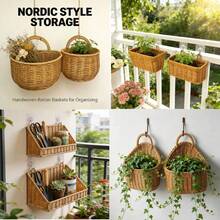 Wall Mounted Hanging Basket Imitation Rattan Fruit Vegetable Organizer Kitchen Storage Holder Home Decor Rack Container Sundries Shelf - MULTI - View 1