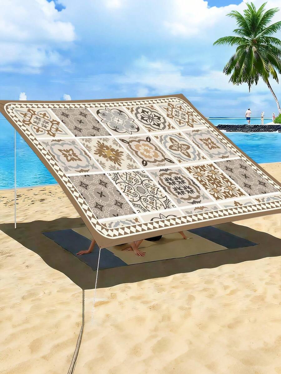1PC Outdoor Sunshade Canopy With Colorful Checkered Pattern, Outdoor Patio Cover Can Block The Sunlight, Suitable For For Camping Beach Poolside Backyard Gardens Decoration, 2D Flat Printed Pattern, Come With Four Ropes And Nails, No Support Rod - Camel - View 1