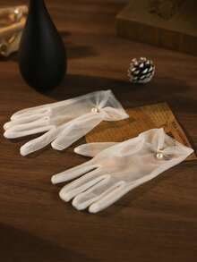 1 Pasang Sarung Tangan Renda Tipis Wanita Musim Semi/Panas Gaya Lolita Pengantin Cosplay dengan Pita, Serbaguna - Putih - View 2