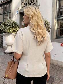 Dripcurv Plus-Size Women's Summer Elegant White Top,Loose Comfortable V-Neck Short-Sleeved Blouse,Metal Buckle Waist Knot Decoration Office Shirt - Apricot - View 2