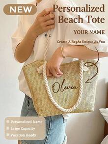 Personalized Woven Straw Beach Bag Custom Letter Tote Large Capacity Summer Vacation Shoulder Bag Travel Handbag Gift For Women Bridesmaid Girlfriend - Multicolor - View 8