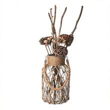 1PC Handmade Natural Jute Rope Wrapped Transparent Glass Vase, Vintage Country Style Net Glass Flower Holder, Bohemian Decor Hanging & Desktop Dual-Use Vase, Suitable For Home Decor, Wedding, Cafe, Balcony; Thickened High-Transparency Clear Glass Body, External Handmade Woven Natural Jute Rope Net Wrap - 1PC - View 9