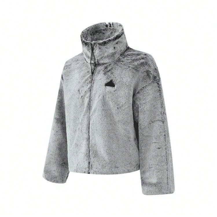 Adidas Women's Autumn/Winter Chimney Collar Faux Fur Plush Comfortable Short Sports Jacket Coat JJ1081 - Grayish Black - View 1