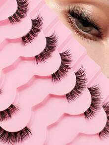 7 Pairs Half Lashes Cat Eye With Clear Band Wispy False Eyelashes Natural Look 3/4 Corner Lashes Short Accent Lashes With Transparent Band - Black - View 5