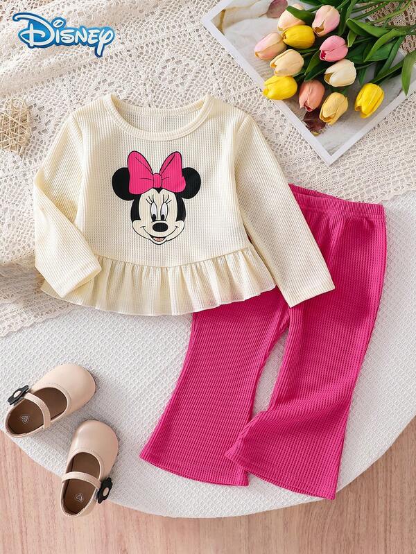 Disney Autumn Baby Girl Minnie Cute Long Sleeve T-Shirt & Flare Pants Set With Minnie Cartoon Pattern, Slightly Elastic, Suitable For Daily Wear And Gift Giving