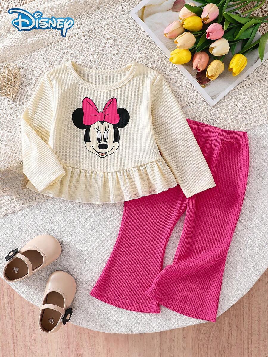 Disney Autumn Baby Girl Minnie Cute Long Sleeve T-Shirt & Flare Pants Set With Minnie Cartoon Pattern, Slightly Elastic, Suitable For Daily Wear And Gift Giving - Apricot - View 1