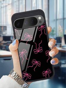 1pc Glossy Tempered Glass Phone Case, Bow Design, Compatible With Google 10, 9, 8, 7 And Galaxy S26, S25, S24, S23, S22, A07, A56, A16 And A06, Protective Bow Design, Durable Shell, Minimalist Style, Suitable For Summer, High-Quality Daily Gift, Perfect For Friends, Classmates, Lovers Or Personal Use - Black - View 1