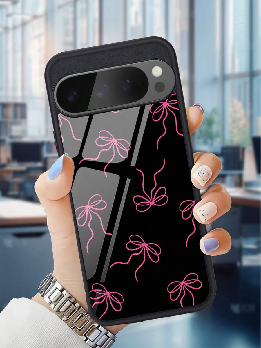 1pc Glossy Tempered Glass Phone Case, Bow Design, Compatible With Google 10, 9, 8, 7 And Galaxy S26, S25, S24, S23, S22, A07, A56, A16 And A06, Protective Bow Design, Durable Shell, Minimalist Style, Suitable For Summer, High-Quality Daily Gift, Perfect For Friends, Classmates, Lovers Or Personal Use - Black - View 1