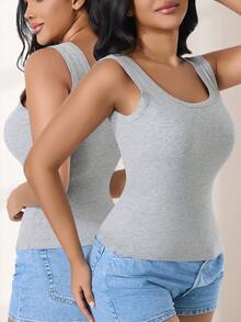 CELILIN Camiseta sin mangas de tirantes anchos que no se clavan, cuello cuadrado, cintura acanalada con almohadillas incorporadas, capa base versátil y estilizada - Gris - Ver 5