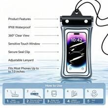 浮力 IPX8 防水手機防水袋，觸控感應，清晰水下拍照與錄影，通用於所有手機，適合游泳、潛水、漂流、海灘、旅行、獨木舟、泳池 - 黑色 - 查看 3