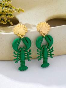 1 Pair Red Enamel Lobster Metal Shell Earrings, Marine Life Series, For Women - Green - View 2
