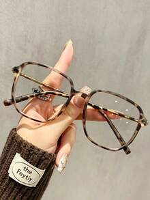 Kacamata Unisex Retro Glossy Black Oversized Polygon Frame, Dekorasi Logam, Membuat Wajah Tampak Lebih Ramping, Warna Solid, Cocok untuk Kantor dan Pemakaian Sehari-hari - Clear - View 5